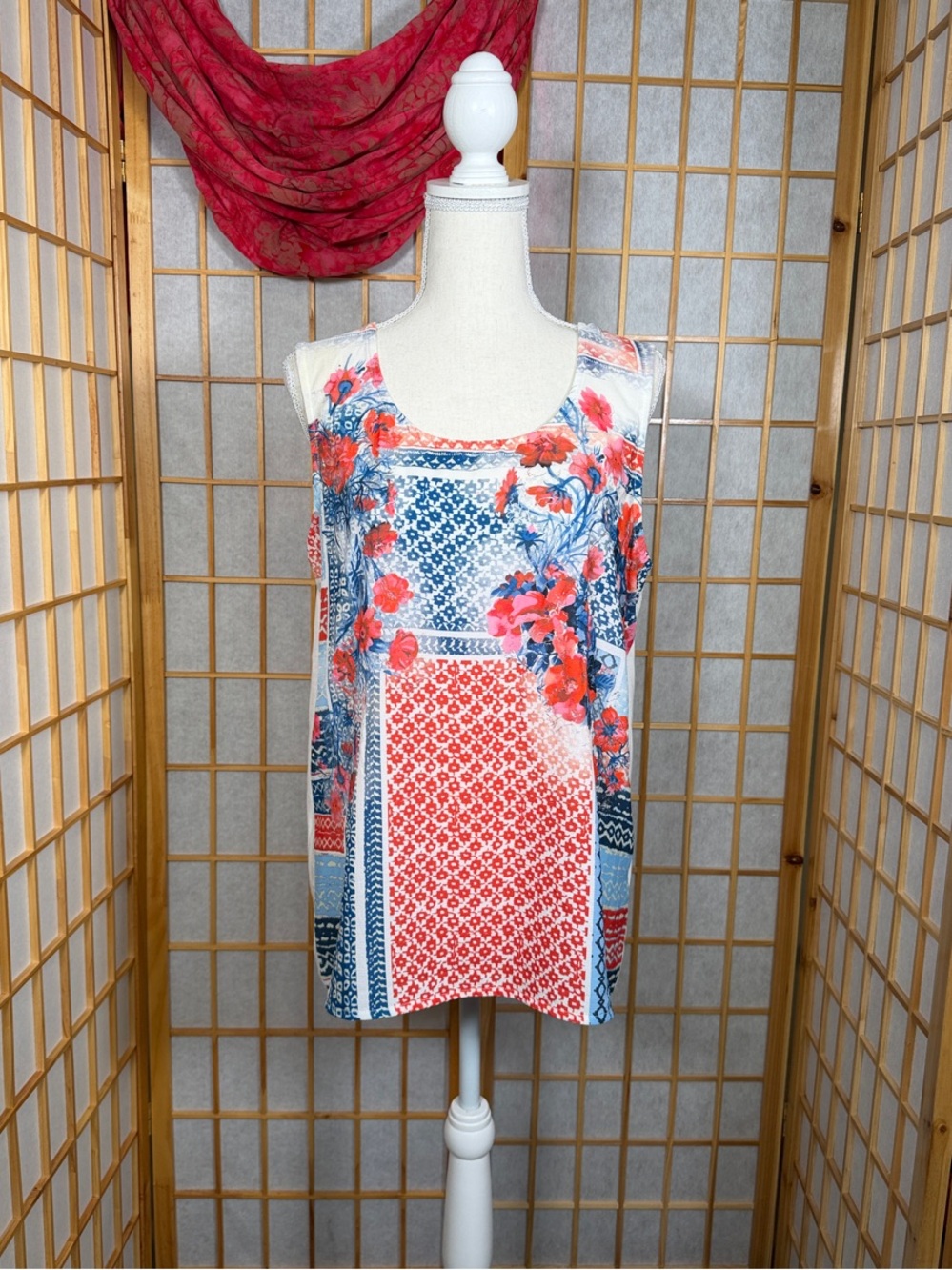 Sleeveless Floral Patchwork Mini Dress in Coral & Navy